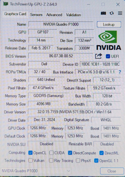 Quadro P1000 4GB GDDR5 GPU Low Profile w/ 4x Mini DP