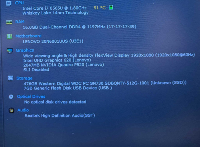 Lenovo thinkPad P53s i7-8565U@1.8 QUADRO P520 2GB GPU 16GB RAM 512SSD READ!  Lap200