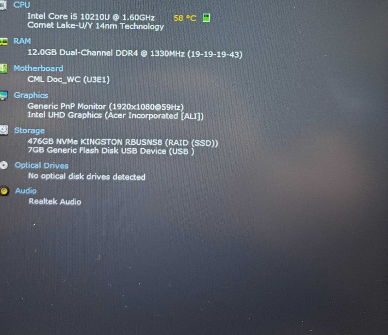 Acer Aspire A515-54 Core i5-10210U@1.6GHz 12GB RAM 512GB SSd  Lap200