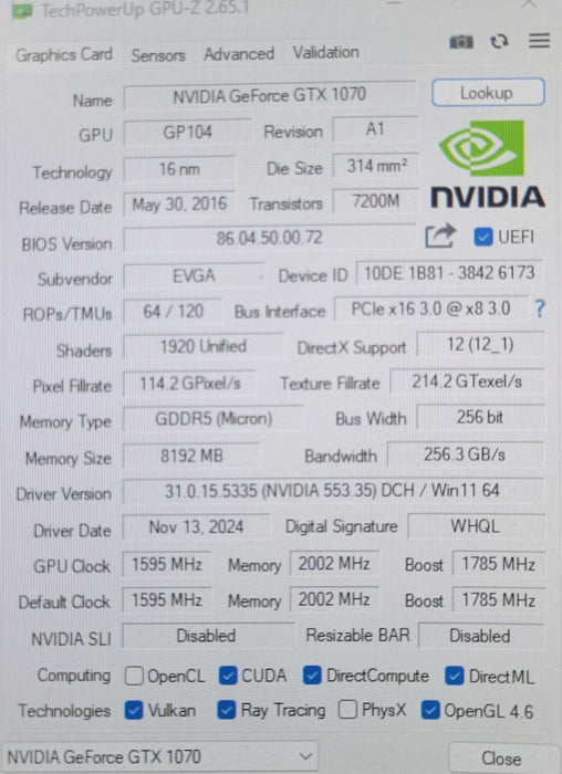 EVGA GeForce GTX 1070 SC 8GB Graphics Card Display/HDMI/DVI _