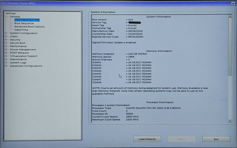 Dell Precision T5810, Xeon E5-1603 v3, 128GB DDR4, 2TB HDD, NVS 310, 425W