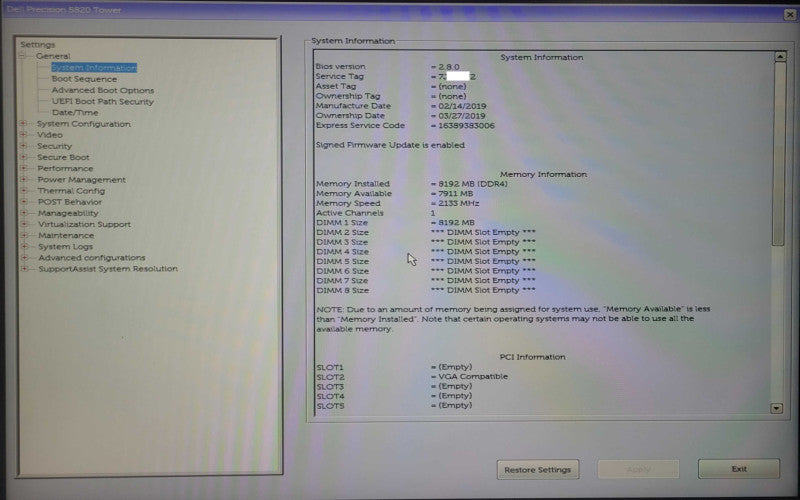 Dell Precision T5820, Xeon W-2135 3.70GHz, 8GB DDR4, No HDD/GPU/PSU _