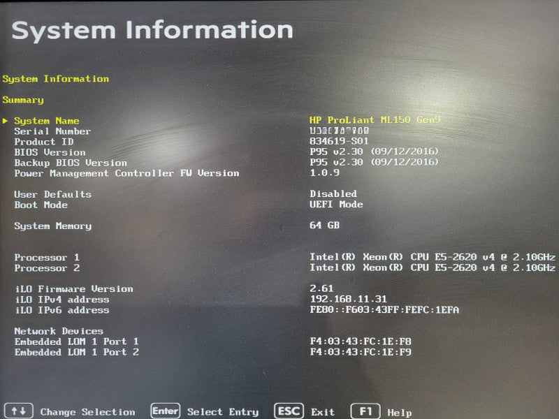 HP ProLiant ML150 Gen9 64GB RAM 2x Intel Xeon E5-2620 v4 @ 2.1GHZ B140i !