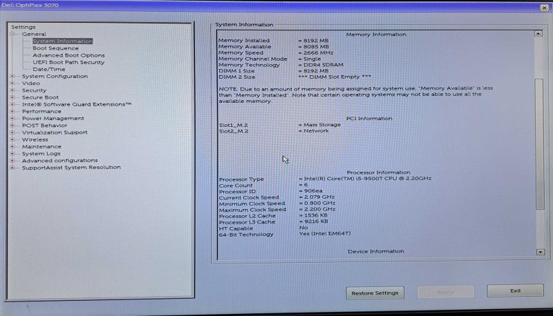 Dell OptiPlex 3070 USFF | Core i5-9500T @2.20GHz, 8GB DDR4, 256GB NVMe