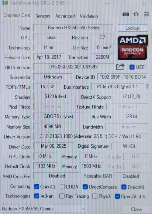 AMD Radeon MS-RX550 4G GDDR5 128BIT Graphics card HDMI/Display _