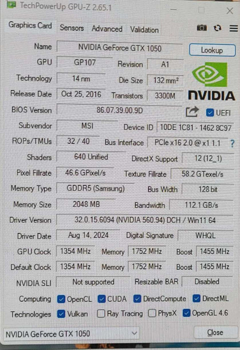 MSI Geforce GTX 1050 2GT Low Profile Graphics Card 2GB GDDR5