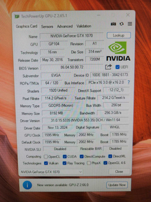 EVGA Nvidia GeForce GTX 1070 SC 8GB Graphics Card - 3xDP 1xHDMI 1xDVI  !