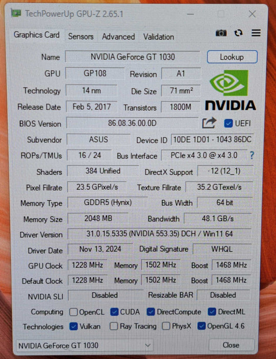 ASUS GT 1030 Silent CSM 2GB GDDR5 Graphics Card | DVI, HDMI
