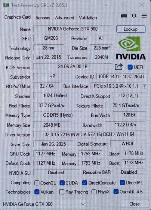 HP Nvidia GeForce GTX 960 2GB GDDR5 Graphics Card, 3x DP, 1x HDMI & 1x DVI