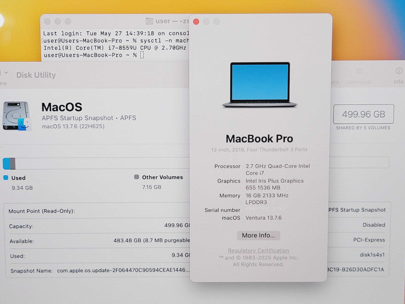 Apple Macbook Pro 2018 13" 4-Core i7-8559U @ 2.7GHz 16GB DDR3 500GB SSD (