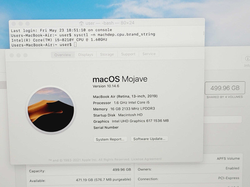 Apple Macbook Air Retina 2019 13" Core i5-8210Y @ 1.6GHz 16GB DDR3 500GB SS (