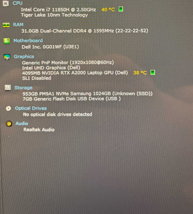 Dell Precision 7560 TOUCH i7-11850H@2.5GHz RTX A2000 4GB GPU 32GB 1TB READ  Lap200