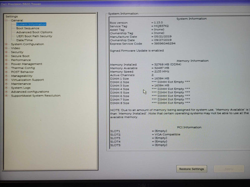 Dell Precision T5820 Board w/ Xeon W-2133 3.60GHz CPU & 32GB DDR4, READ _