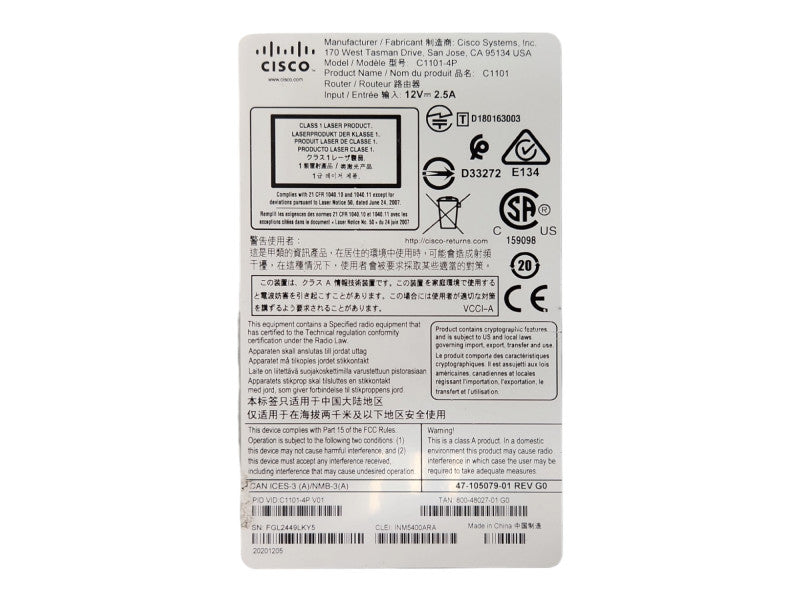 Cisco C1101-4P Integrated Service Router, No Power Adapter