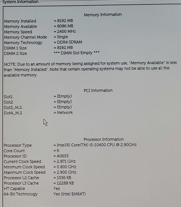 Dell Vostro 3681 - Intel Core i5-10400 @ 2.90GHz 8GB DDR4 NO HDD/OS