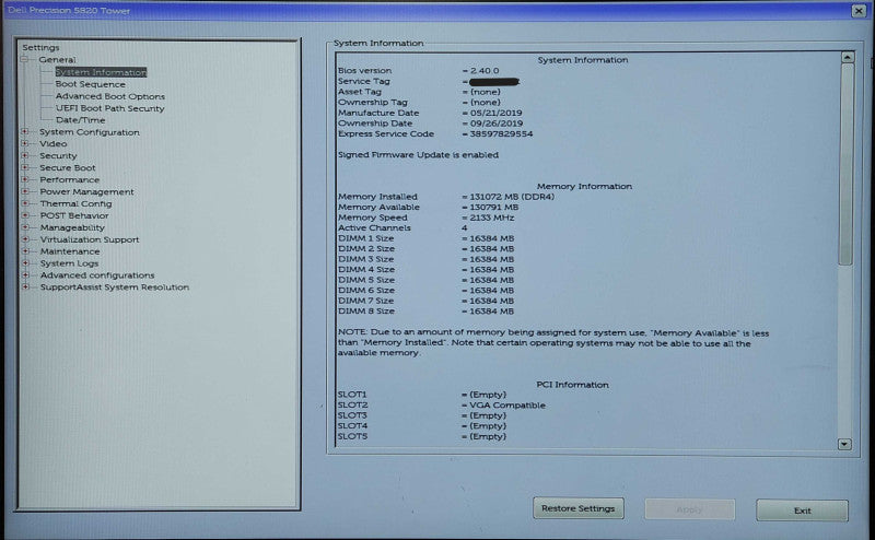 Dell Precision T5820, Xeon W-2133 3.60GHz, 128GB DDR4, 1TB HDD, P400