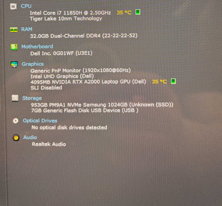 Dell Precision 7560 TOUCH i7-11850H@2.5 RTX A2000 4GB GPU 32GB RAM 1TB SSD Q Lap200