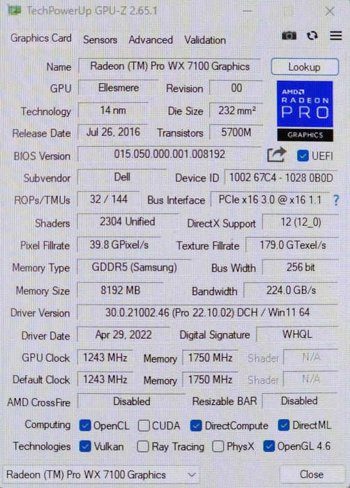 AMD Radeon Pro WX7100 8GB GDDR5 PCI-E 16x 4x DP Graphics Video Card
