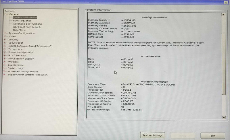 Dell OptiPlex 3070 SFF, Intel i7-9700 CPU 3.00GHz 16GB RAM - NO HDD