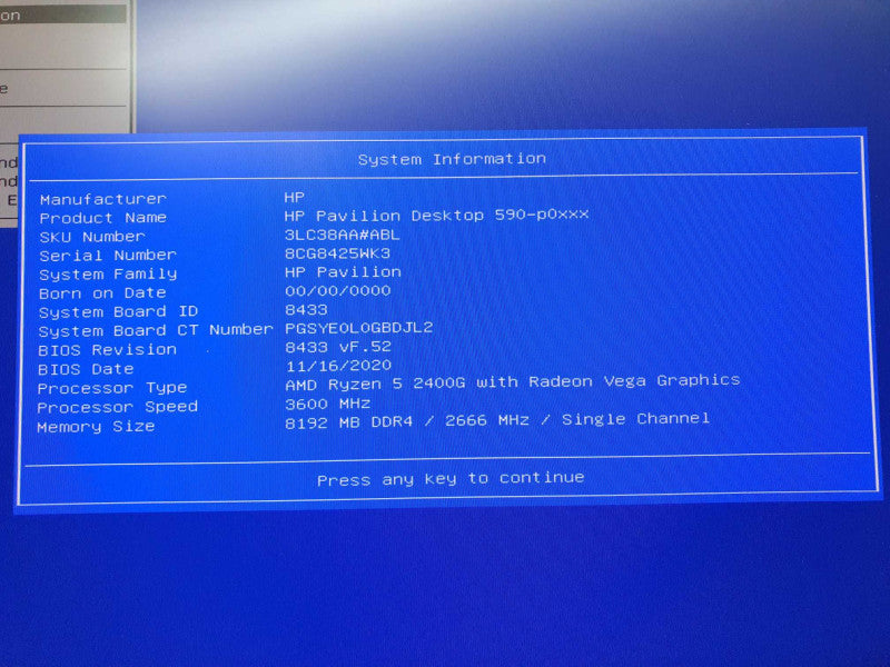 HP Pavilion 590 Tower Ryzen 5 2400G 3.6GHz 8GB RAM - No HDD