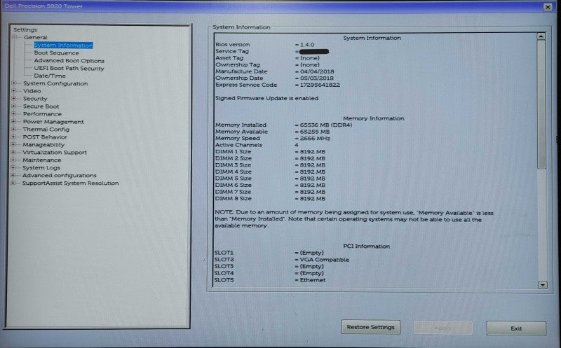 Dell Precision T5820, Xeon W-2135 3.70GHz, 64GB DDR4, P400, 950W PSU
