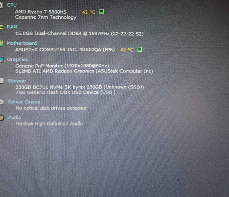ASUS VivoBook M1502QA AMD Ryzen 7 5800HS 16GB RAM 256GB SSD  Lap200