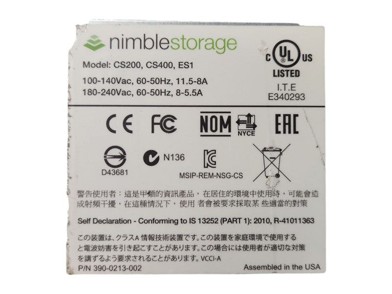 Nimble Storage CS200,400,ES1 3U 16x 3.5" Array, 2x SAS Controllers ES-1