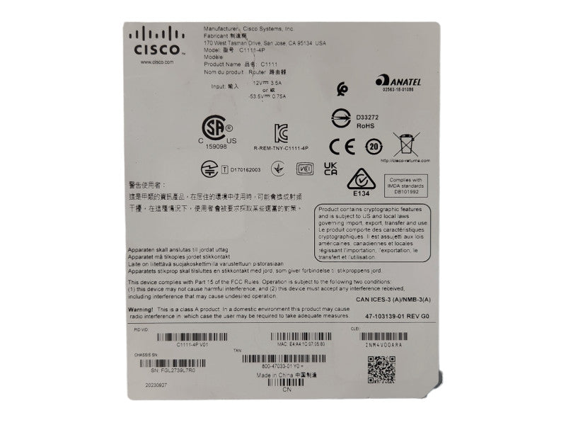 Cisco ISR 1100 Series C1111-4P V01 Services Integrated Router
