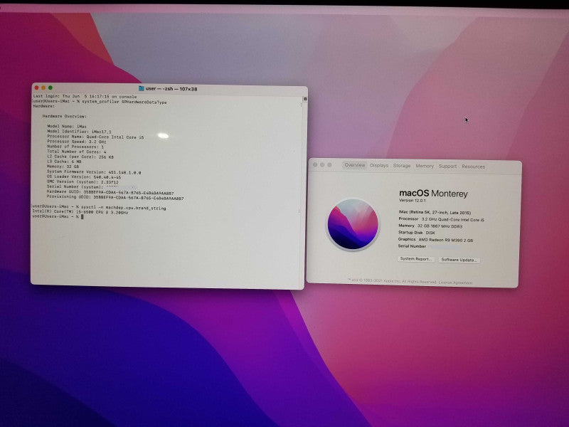 Apple iMac 27" Retina 5K 2015, i5-6500 CPU 3.20GHz, 32GB RAM - 1TB read