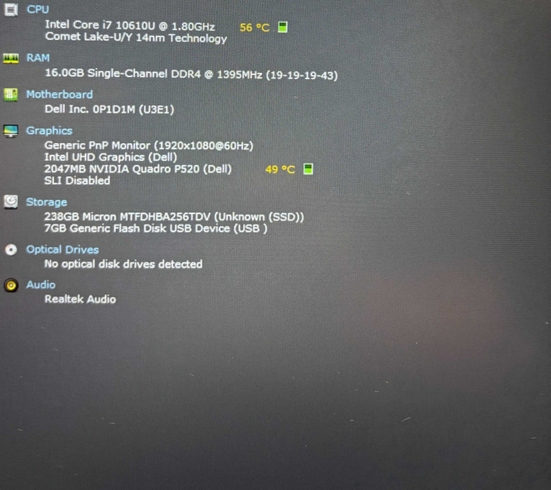 Dell Precision 3550 i7-10610U@1.8 QUADRO P520 2GB GPU 16GB RAM 256SSD READ  Lap200