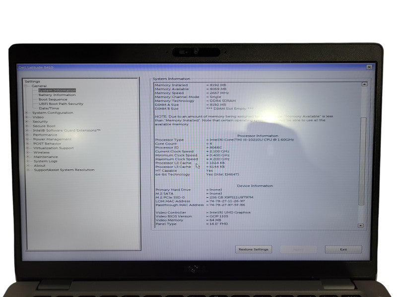 Dell Latitude 5410 i5-10210U 8GB DDR4 256GB SSD READ ! ! Lap200