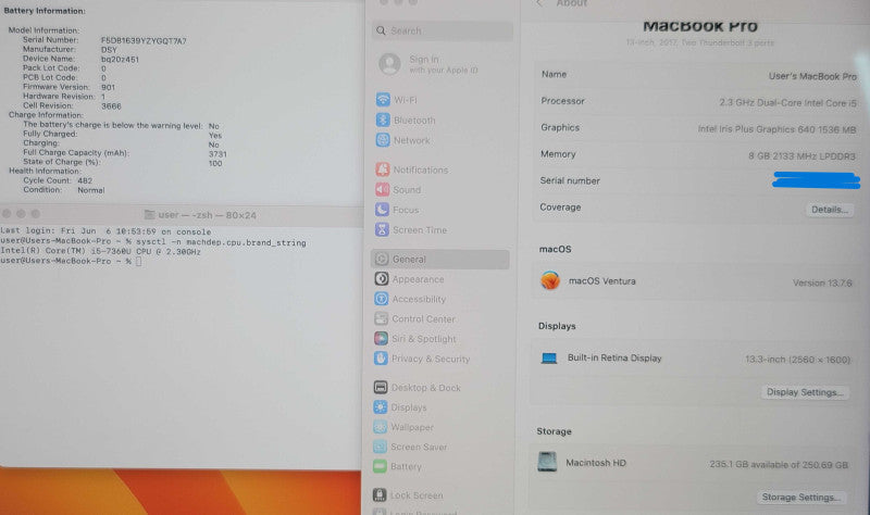 Apple MacBook Pro A1708 13" 2017 i5-7360U 8GB RAM 250GB SSD READ  β Lap200