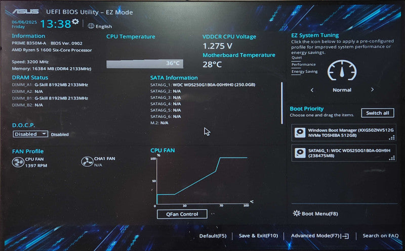 Custom PC, PRIME B350M-A, Ryzen 5 1600, 16GB DDR4, 512GB NVMe + 250GB SSD