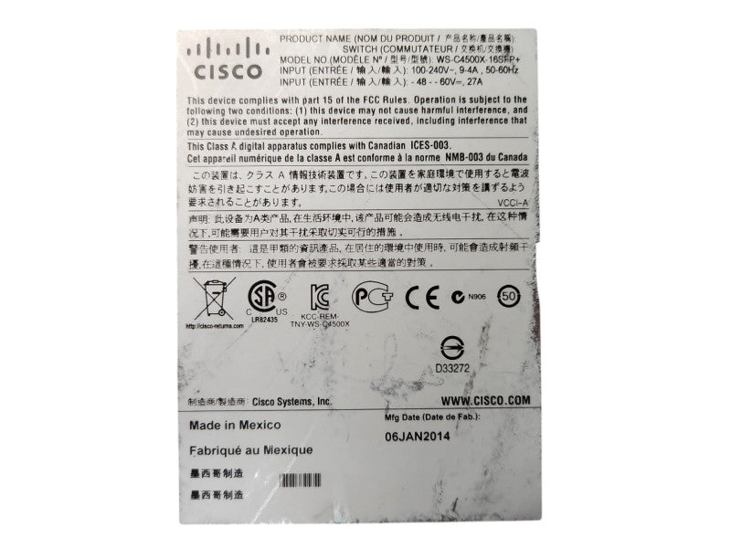 Cisco WS-C4500X-16SFP+ 16 Port 10GE IP Base Gigabit Switch w/ 2x PSU