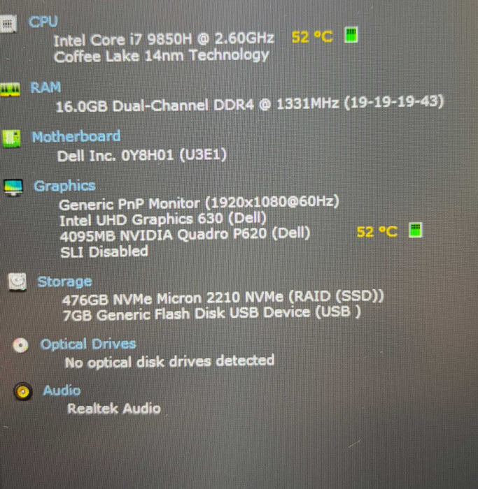 Dell Precision 3541 i7-9850H@2.6GHz QUADRO P620 2GB GPU 16GB RAM 512GB SSD  Lap200