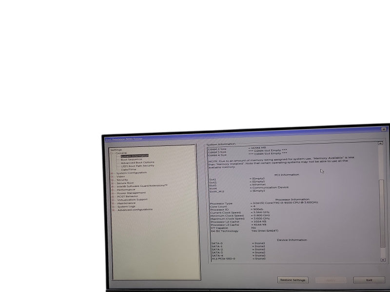 Dell Precision 3630 Tower i3 - 9100 @ 3.60GHz 16GB DDR4 Ram θ