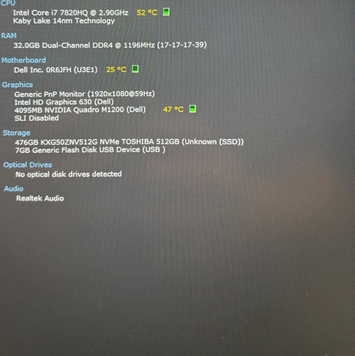 Dell Precision 5520 i7-7820HQ@2.9Gz QUADRO M1200 4GB GPU 32GB RAM 512GB SSD  Lap200