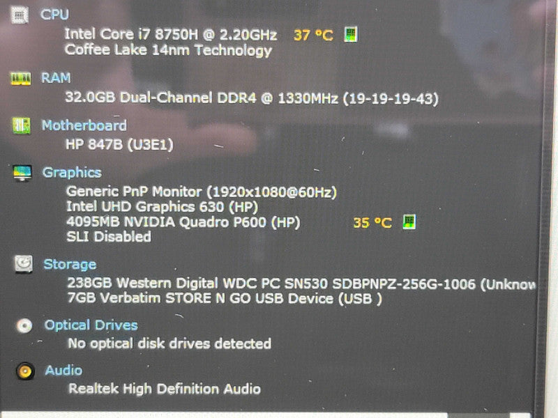 HP ZBook 15v G5 i7-8750H 32GB DDR4 Quadro P600 256GB SSD  β Lap200