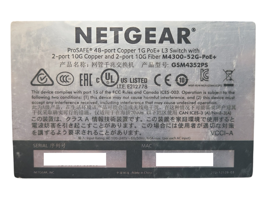 Netgear ProSafe M4300-52G-PoE+ GSM4352PS Managed Switch, No PSU, READ