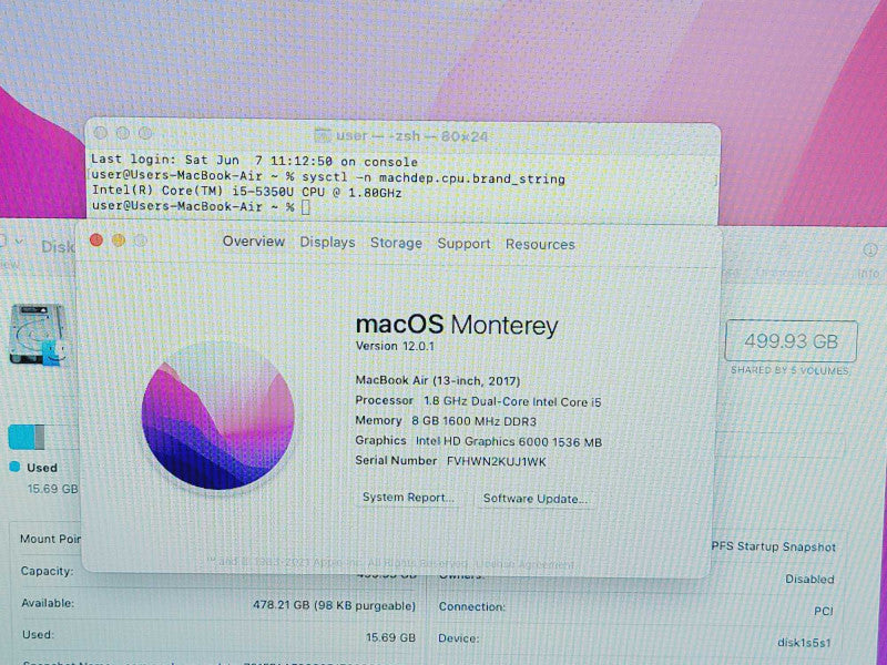 Apple Macbook Air 2017 13" 2-Core i5-5350U @ 1.8GHz 8GB DDR3 500GB SSD (