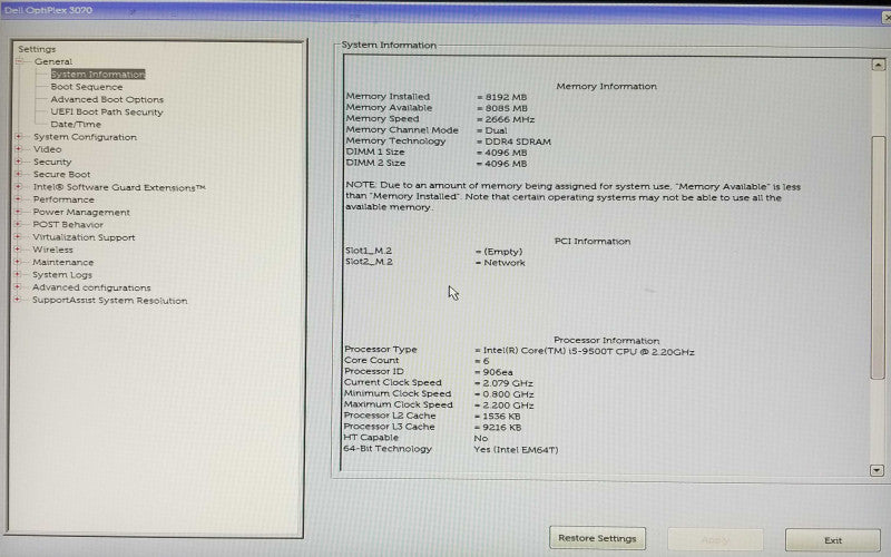 Dell OptiPlex 3070 USFF, Intel i5-9500T CPU 2.20GHz, 8GB RAM - NO HDD Q