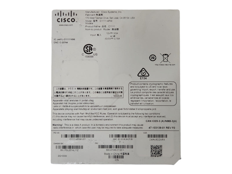 Cisco Systems ISR 1100 C1111-4PWA, 4 Ports Dual GE WAN Router