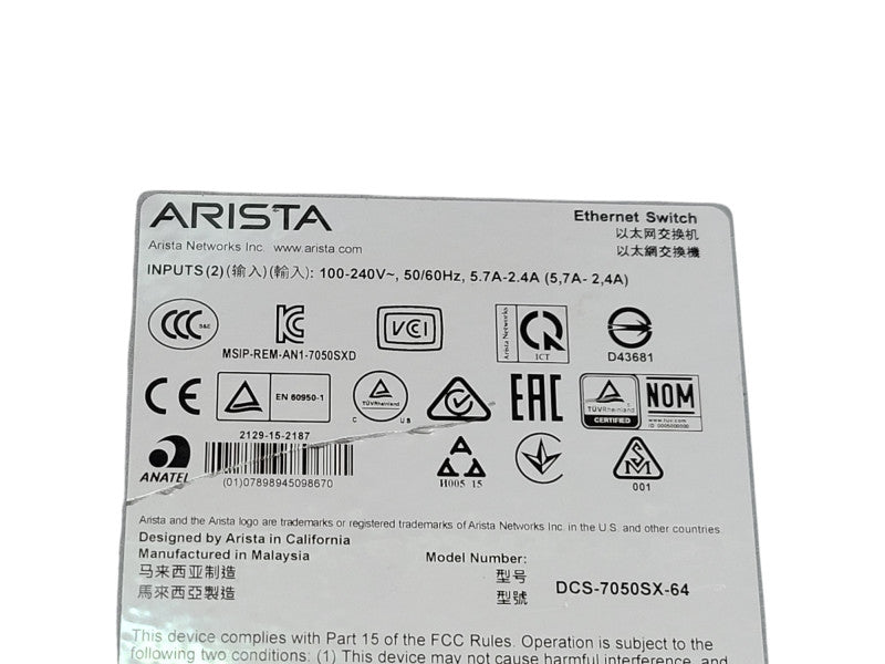 Arista DCS-7050SX-64-R - 48x1/10GB SFP+ 4x40GB QSFP+ 4xFAN 2x500W PSU Q%