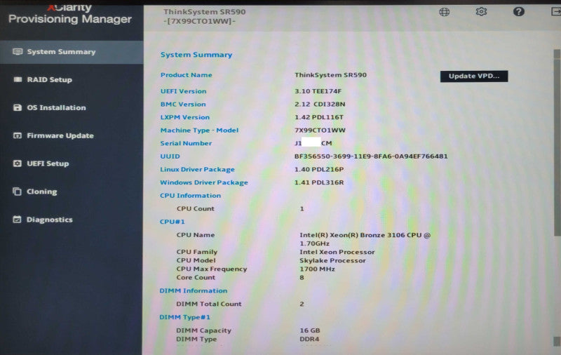 Lenovo ThinkSystem SR590 1x Bronze 3106 1.70GHz 32GB 530-8i, 2x PSU 8x 3.5" _