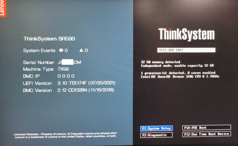 Lenovo ThinkSystem SR590 1x Bronze 3106 1.70GHz 32GB 530-8i, 2x PSU 8x 3.5" _