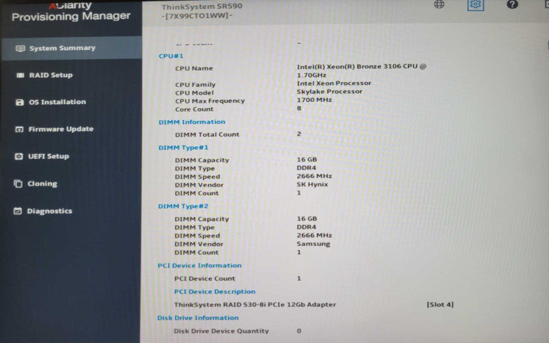 Lenovo ThinkSystem SR590 1x Bronze 3106 1.70GHz 32GB 530-8i, 2x PSU 8x 3.5" _
