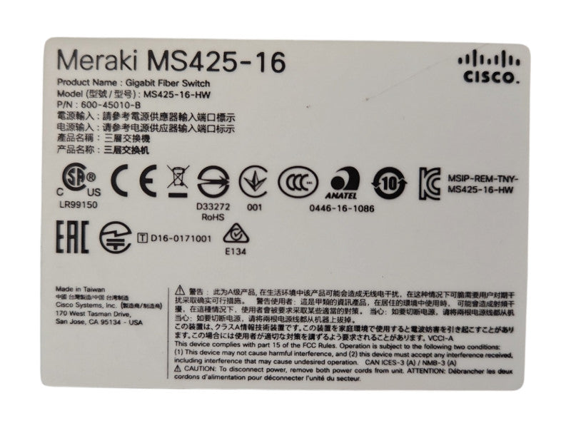 Cisco Meraki MS425-16-HW 16x 10GB SFP+ 2x 40GB QSFP+ Switch, Unclaimed