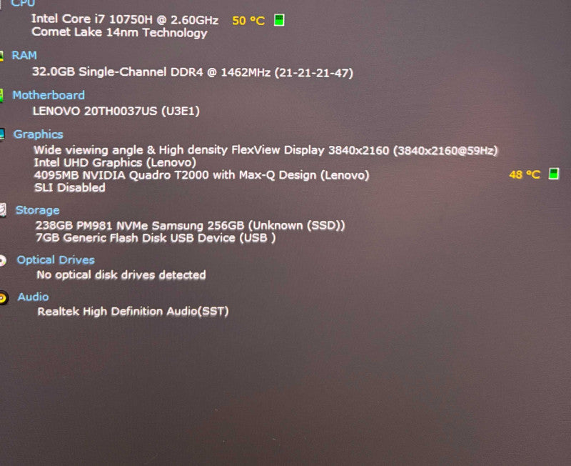 Lenovo ThinkPad P1 Gen3 i7-10750H QUADRO T2000 4GB GPU 32GB RAM 256SSD READ  Lap200