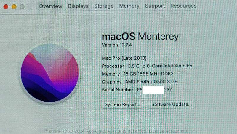 Apple Mac Pro 2013, Xeon E5-1650V2 3.5GHz 16GB RAM, AMD D500 3GB, 256GB SSD _