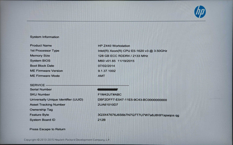 HP Z440 Workstation, Xeon E5-1620v3 3.50GHz, 128GB DDR4, K2200